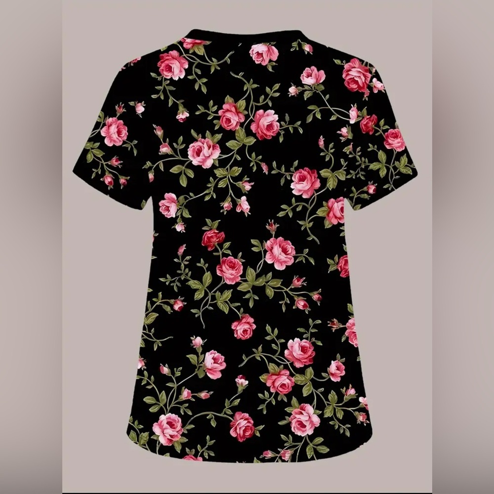 Scrubs Floral V-Neck Nurses Women's Top - Picture 2 of 5